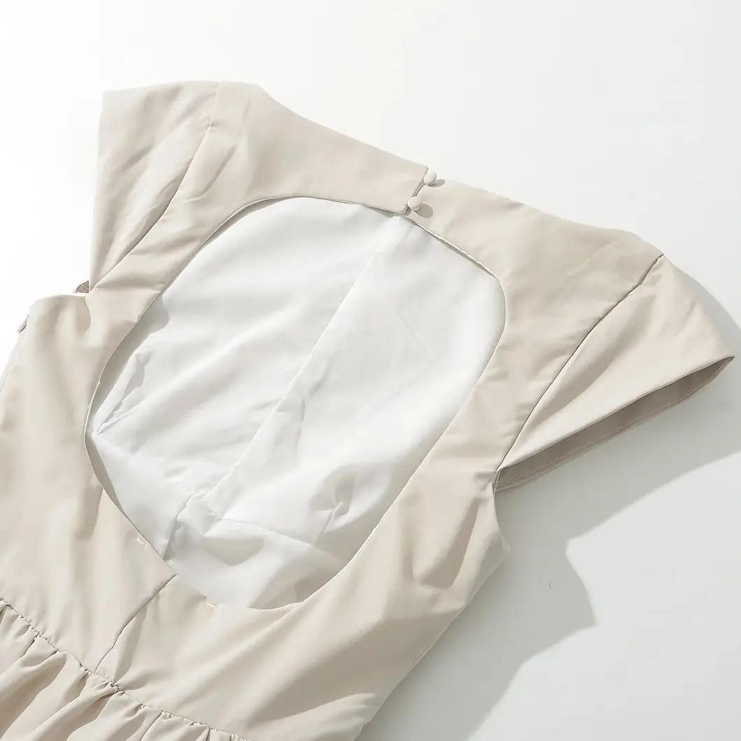 Robe mi-longue taille basse à manches courtes pour femmes, col slash sexy, dos nu évidé, robe trapèz