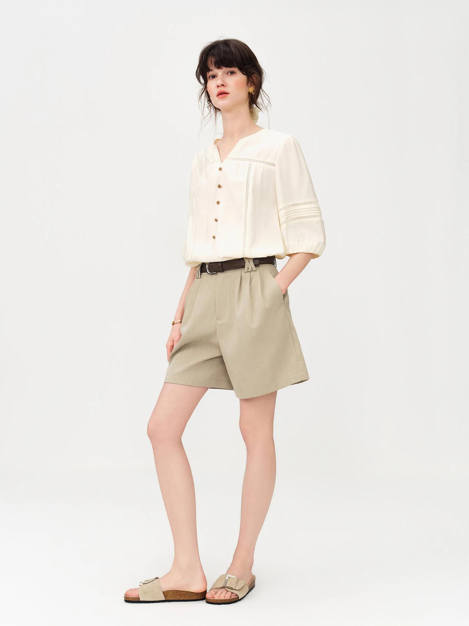 Shorts décontractés classiques en mélange de lin pour femme FSLE 2026 - Couleur unie, coupe régulièr