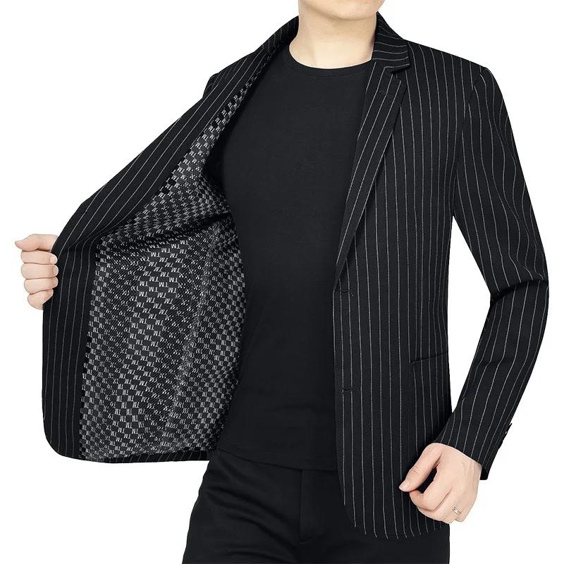 Blazer Homme Printemps-Automne Rayé Fin Col Rabattu Veste de Costume Respirante à Manches Longues av