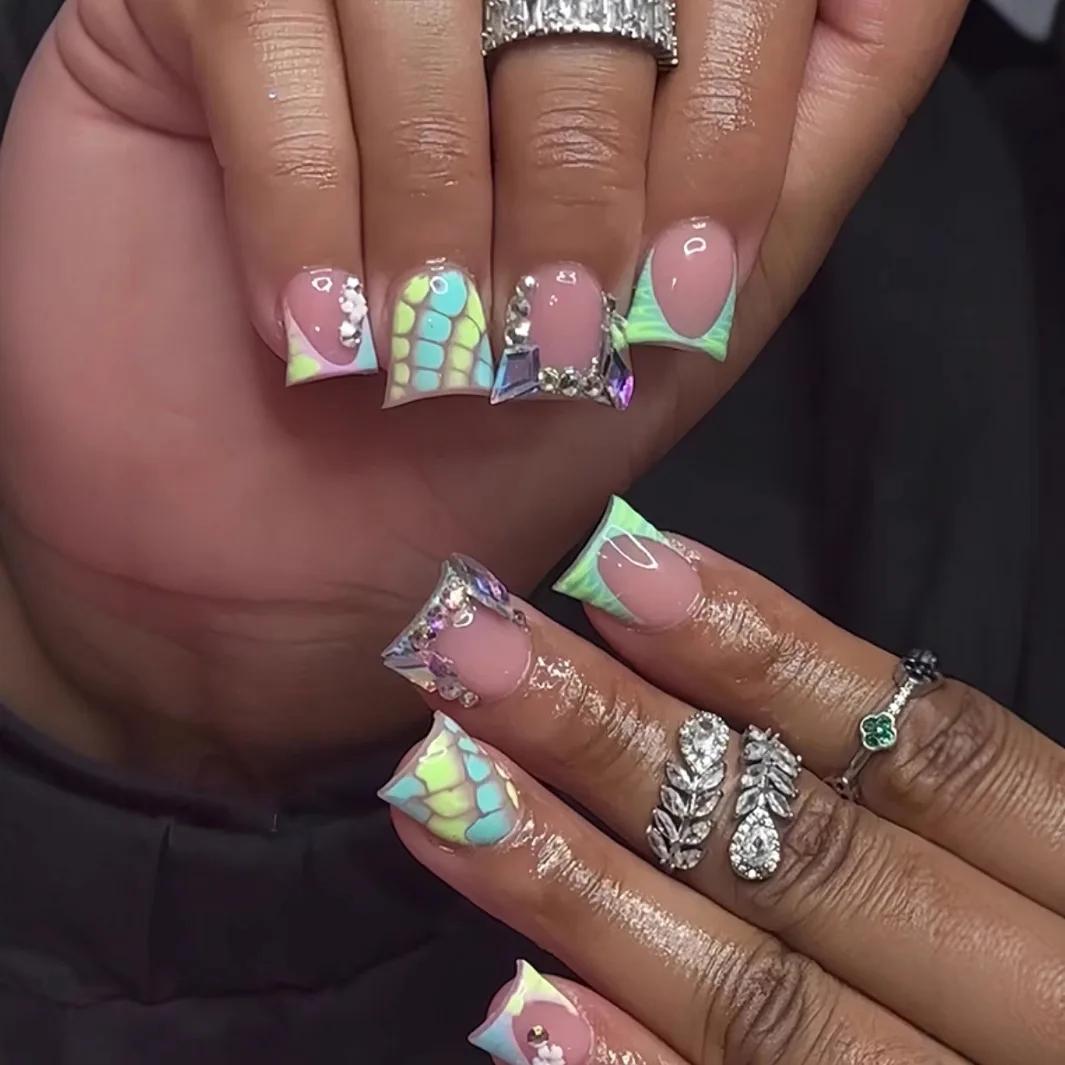 Faux ongles courts à rayures zébrées, 24 pièces, bec de canard français, à pression, Design d'arc po