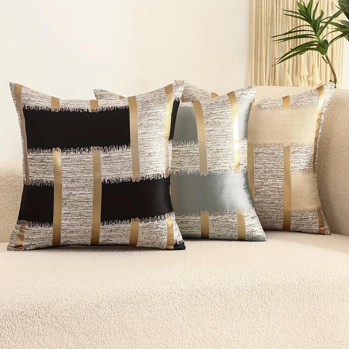 Housse de coussin en soie dorée, 100% Polyester, 1 pièce, quatre saisons, avec motif géométrique en