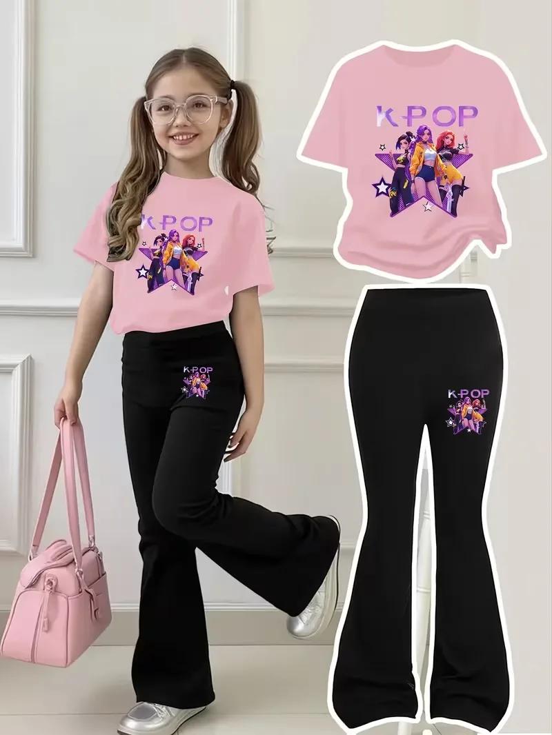 Tenue noire et rose stylée pour filles de 4 à 12 ans : T-shirt à manches courtes et pantalon évasé !