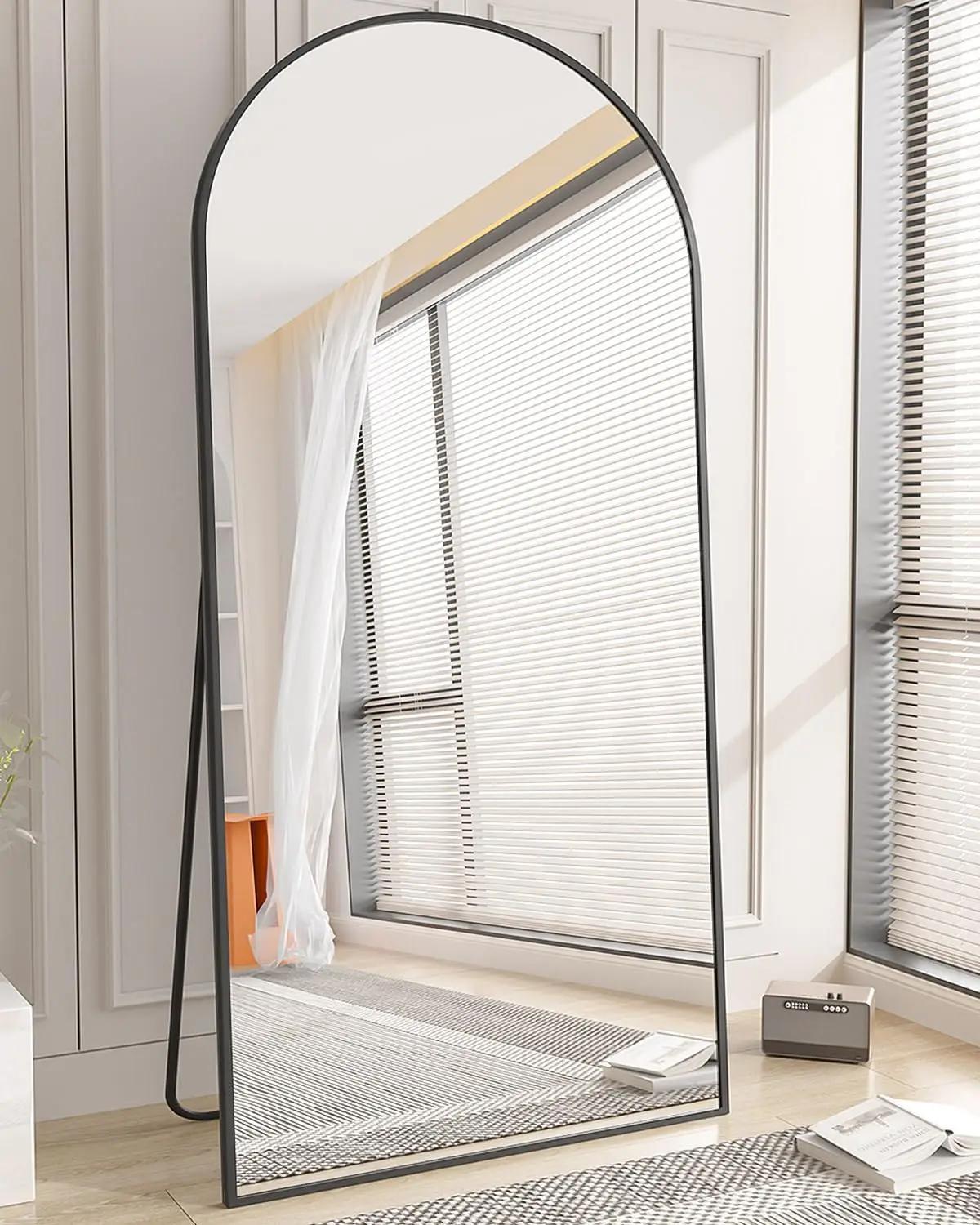 Miroir pleine longueur arqué, grand miroir de sol avec cadre en alliage d'aluminium, miroir sur pied