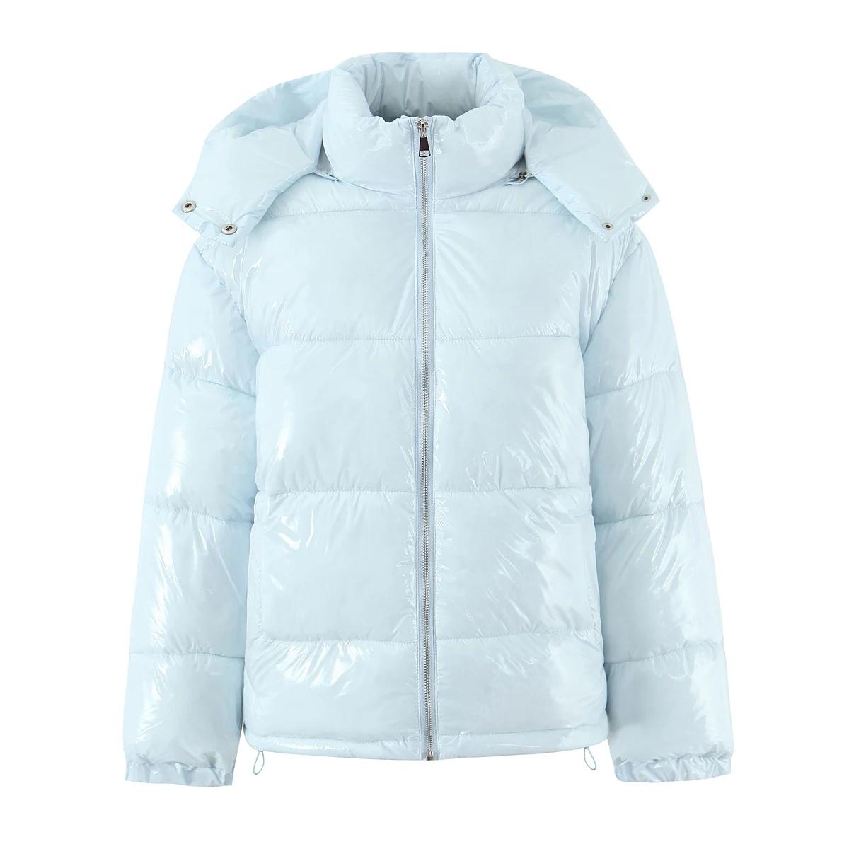 Nouveau hiver mode femmes bleu clair brillant fermeture éclair pain Parka manteau femme col montant