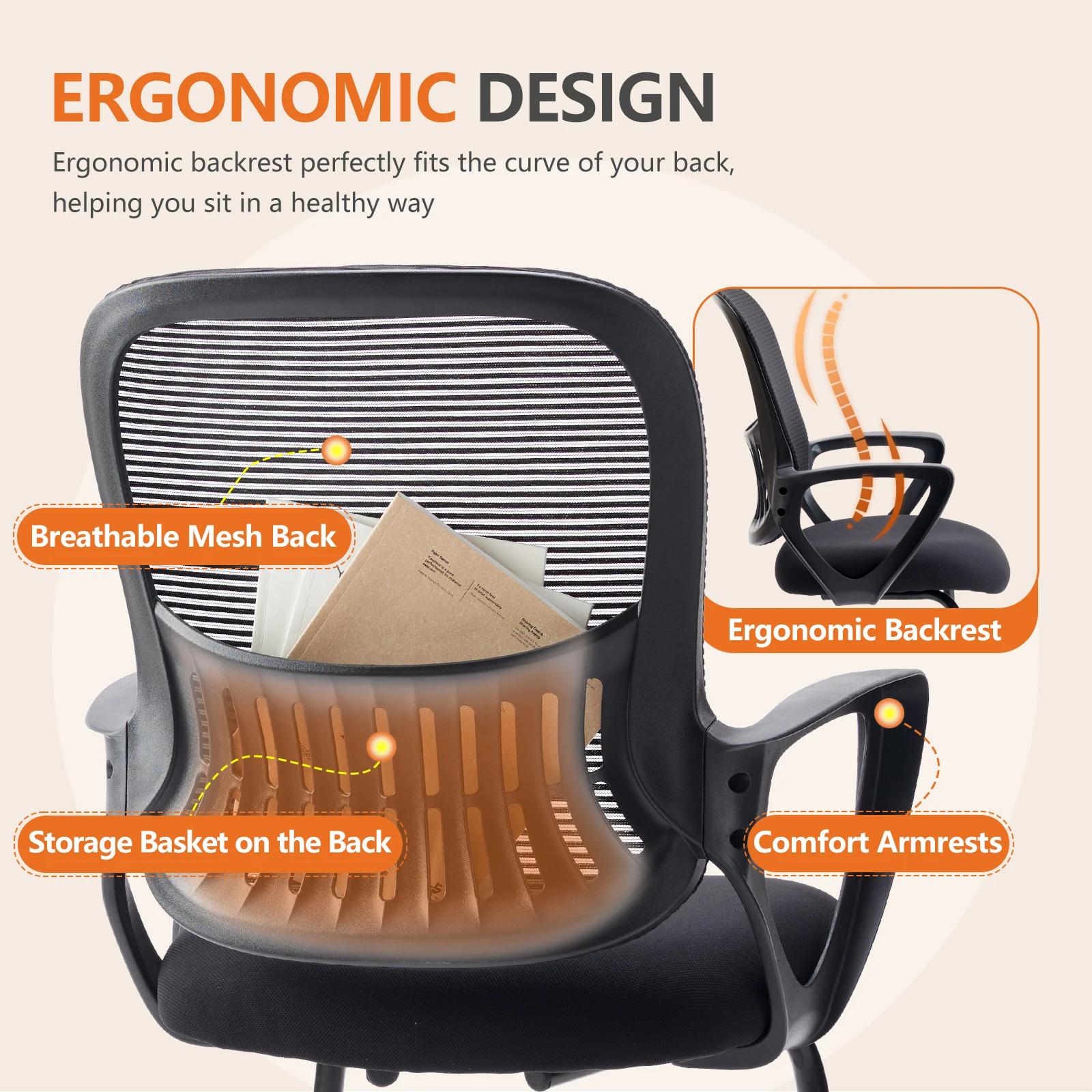 JIAN-Chaise de Bureau Ergonomique Sans Roues, Accoudoir Confortable, Support Lombaire en Maille, Des