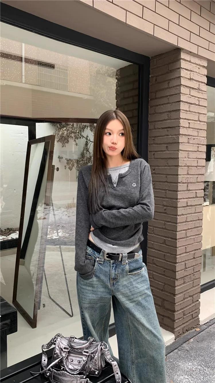 T-shirt femme faux deux pièces T-shirt à manches longues pour l'automne et l'hiver coupe ajustée et