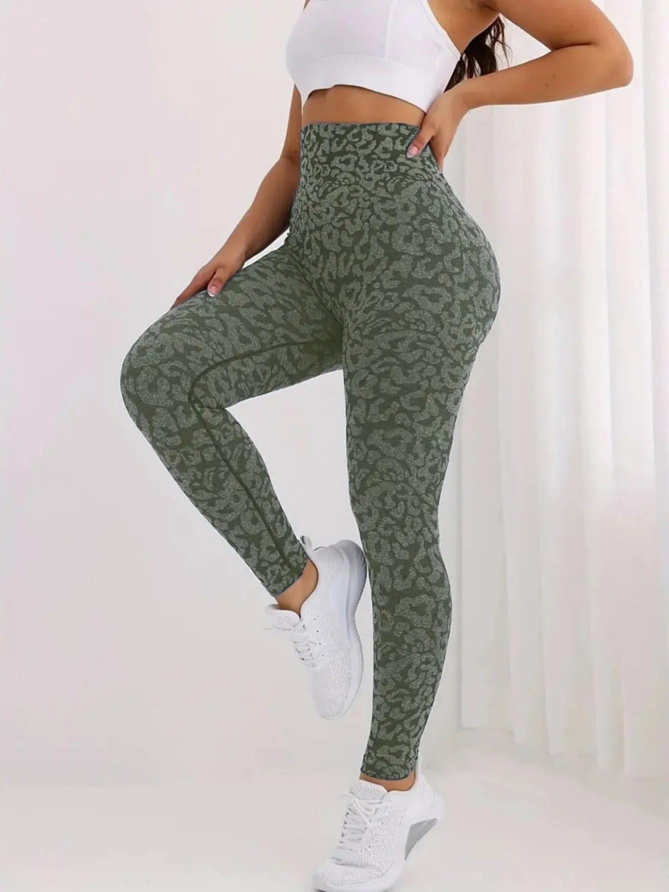Pantalon de yoga hanche pêche imprimé léopard sans couture, pantalon de sport et de fitness taille h