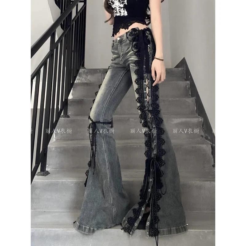 YIBASHU femmes Dark Academia Goblin Core Harajuku Y2K taille basse dentelle jean Abi Denim Flare pan