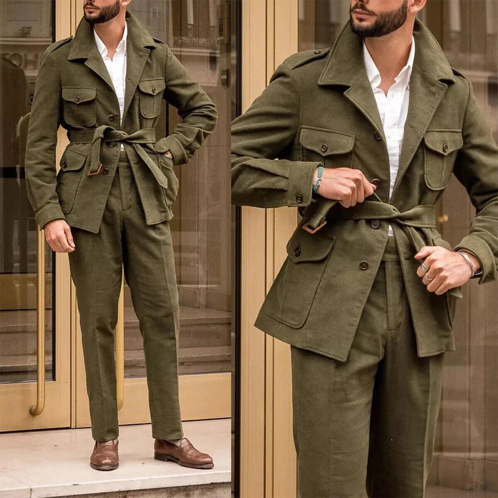 Manteau de html Vintage en Laine Verte pour Homme, Veste Slim, Pantalon Élégant, Tenue Décontractée,
