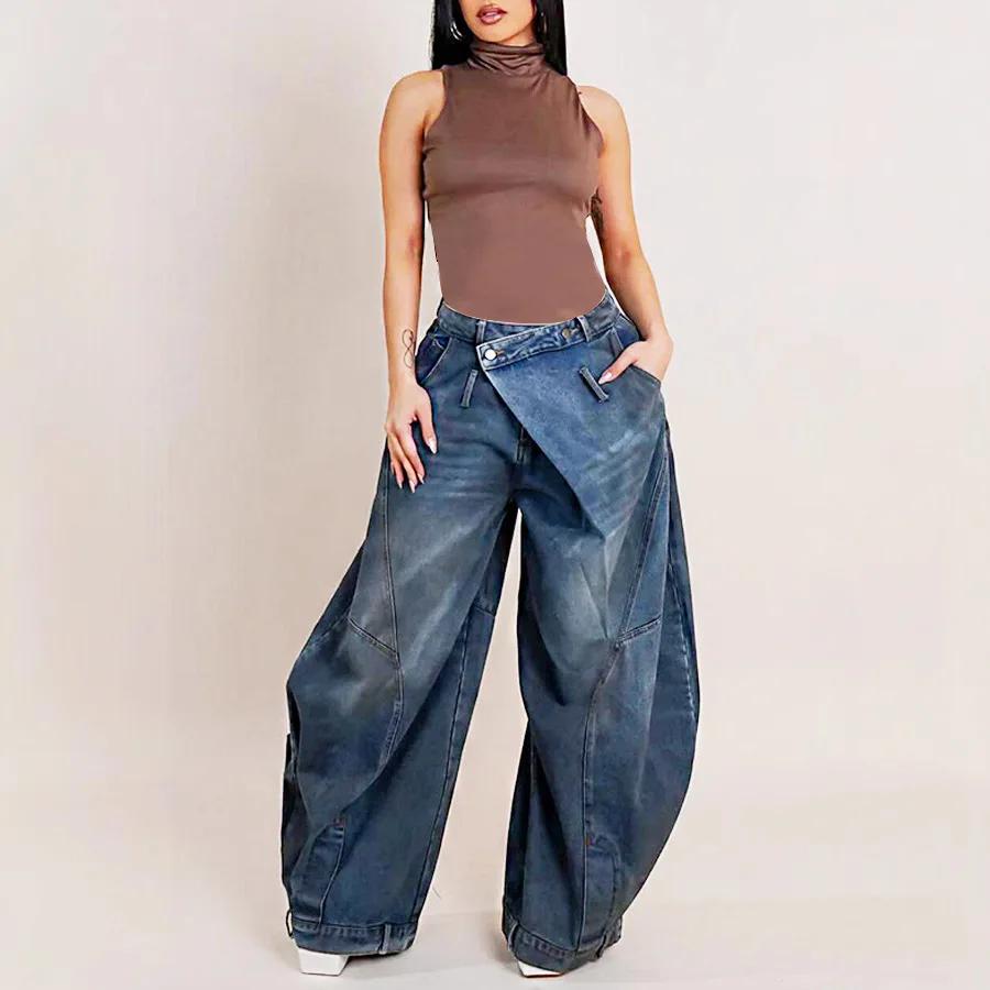 Jean ample vintage en denim pour femme, taille mi-haute, délavé et déchiré, longueur ras du sol, sty