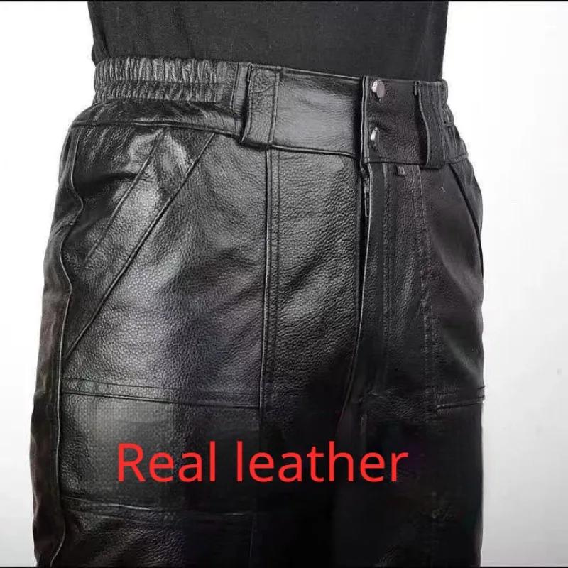 Pantalon en cuir de vache véritable pour hommes, coupe ample, chaud, coupe-vent, pour moto, pour l'e