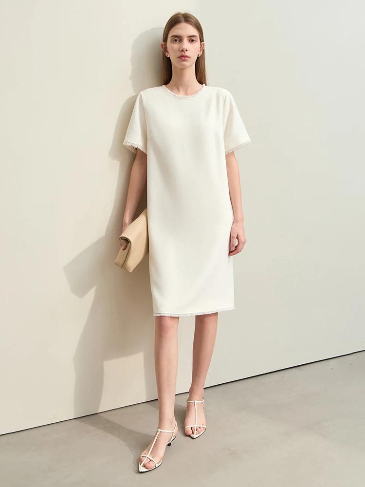 Amii-Robe mi-longue droite à manches courtes pour femmes, robes minimalistes, pompon épissé, léger,