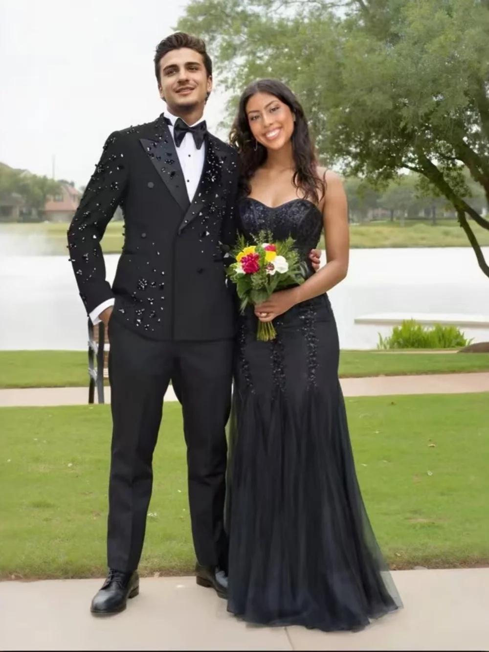 Costume Homme Noir Opulent en Cristal 2 Pièces – Ensemble Mariage et Cérémonie Grande Taille – Coupe