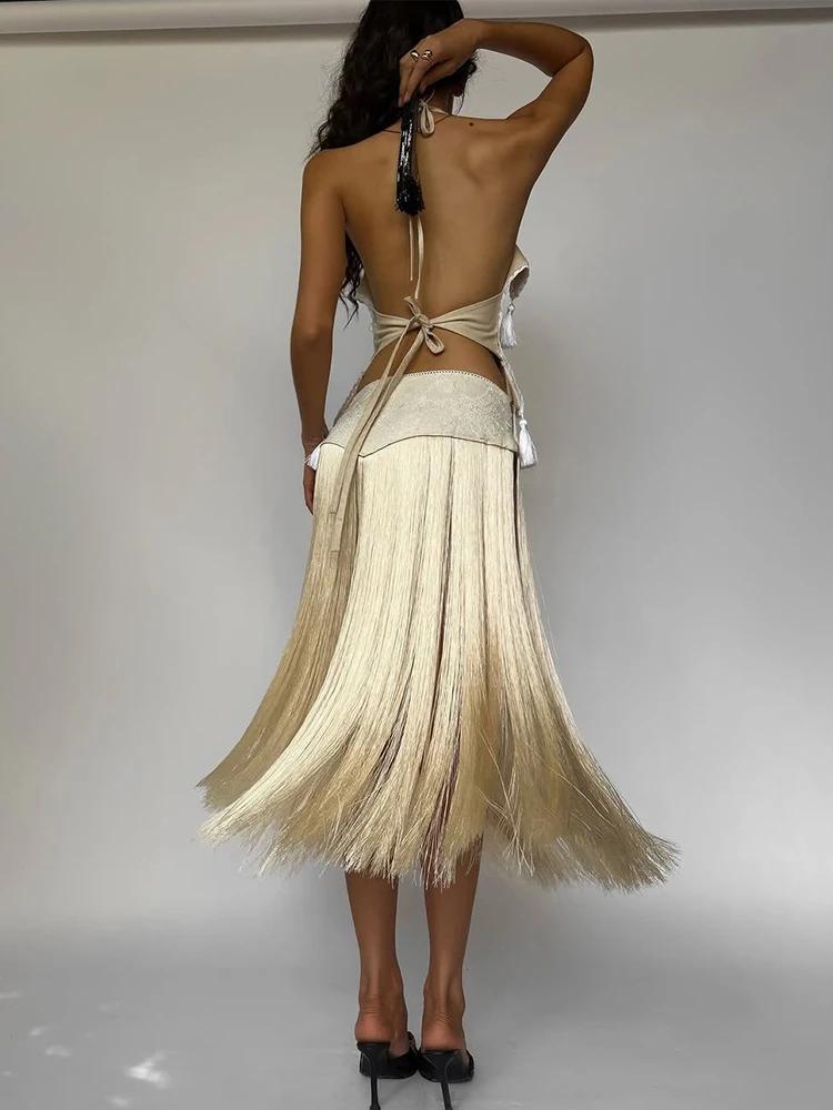 Kliou Sexy Mode Jupes Costumes Femme Halter Bandage Dos Nu Irrégulière Crop Tops + Gland Décoration
