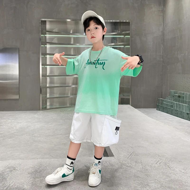 Survêtement d'été pour enfants, T-shirt vert et short, ensemble de vêtements deux pièces pour garçon