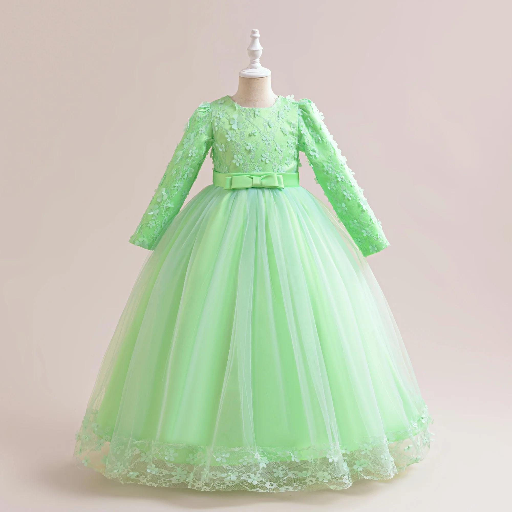 Robe de demoiselle d'honneur à manches longues pour filles, costume de Noël pour enfants, nœud en de