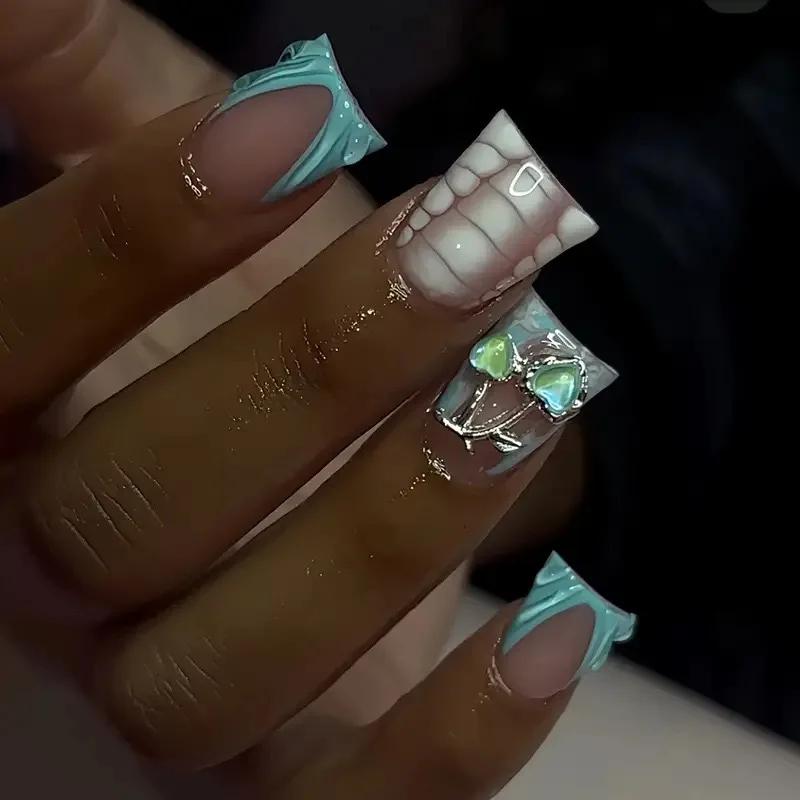 Faux ongles courts à rayures zébrées, 24 pièces, bec de canard français, à pression, Design d'arc po
