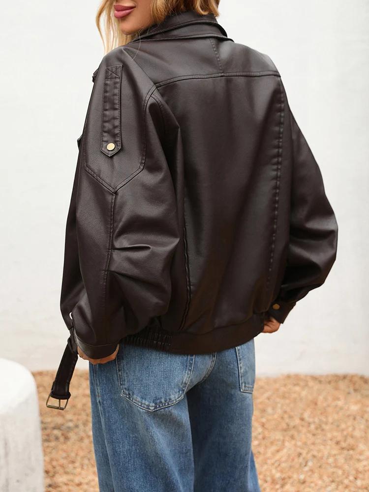 Ailegogo nouveau printemps automne femmes Streetwear rétro ample veste en simili cuir Moto Biker fem