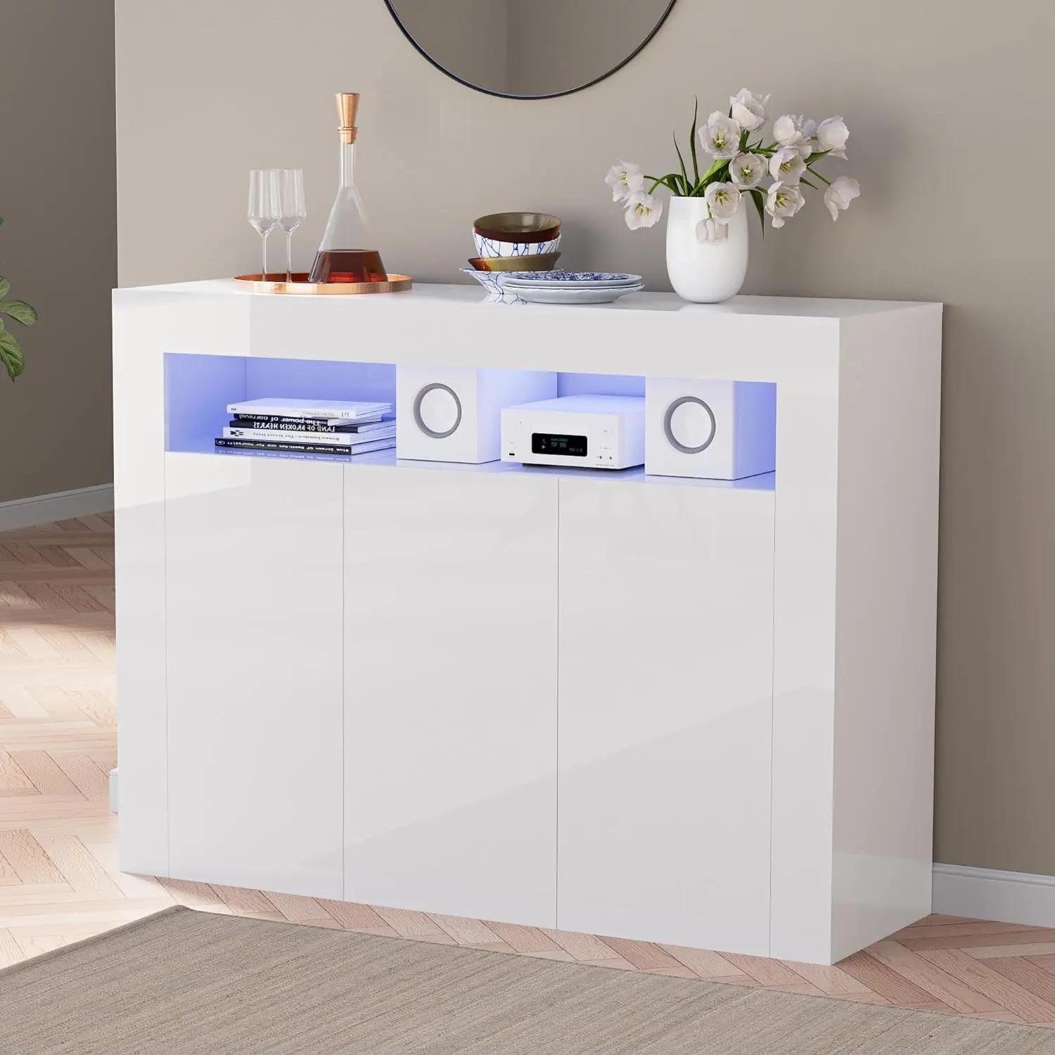 Armoire de rangement moderne blanche avec lumières LED, buffet à haute brillance, étagère réglable,
