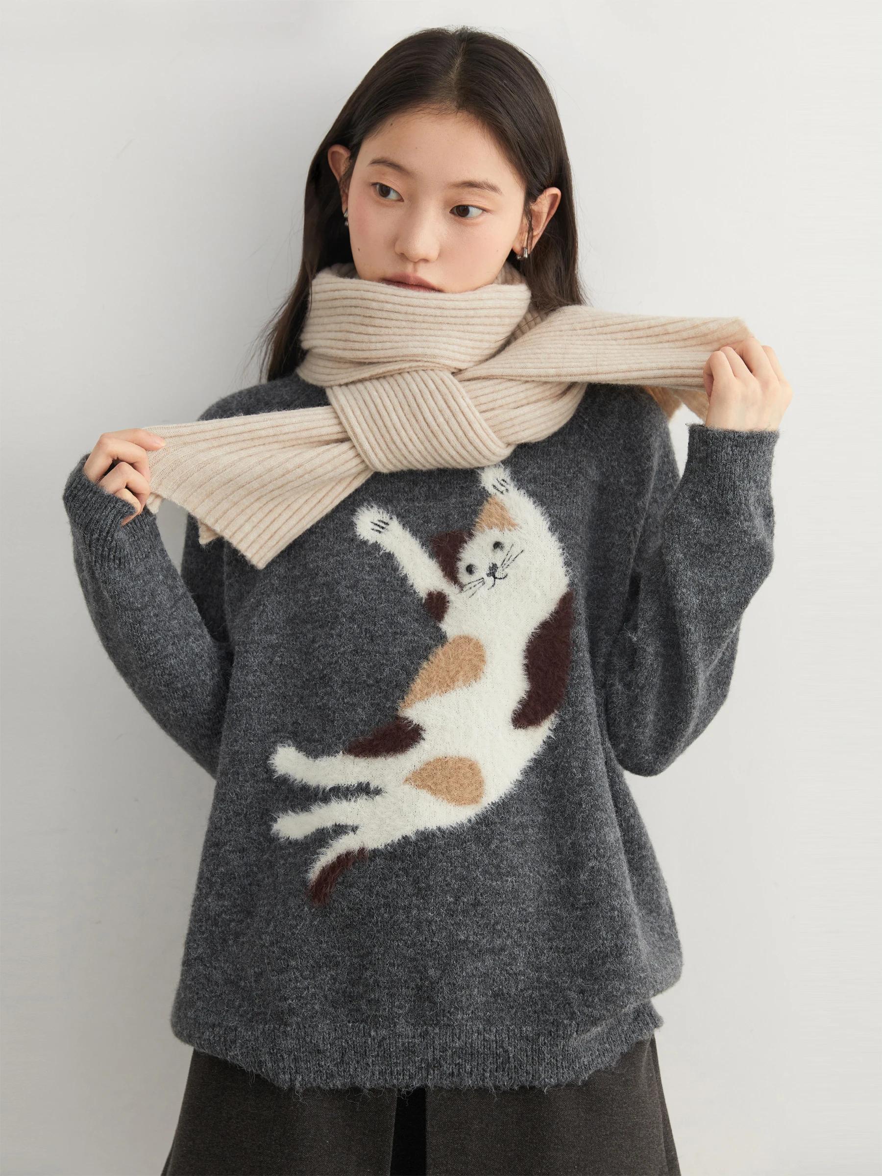 CHIC VEN femmes chandails ample décontracté O cou tricoté dessin animé chat chaud tricot pull femme