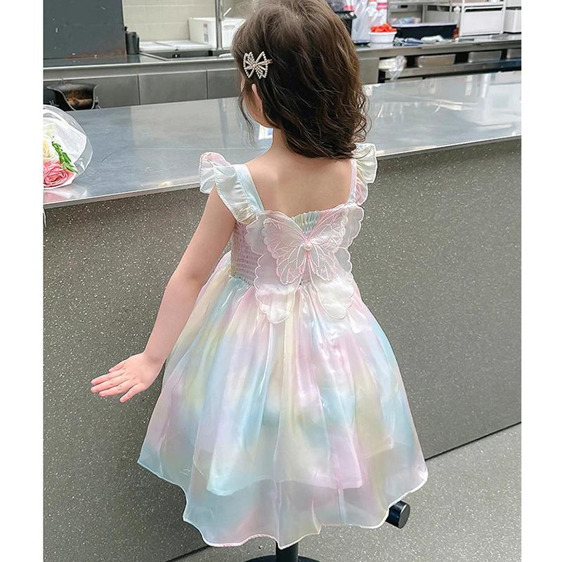 Robe princesse d'été pour filles de 1 à 8 ans, jolie robe en maille dégradée arc-en-ciel avec décora