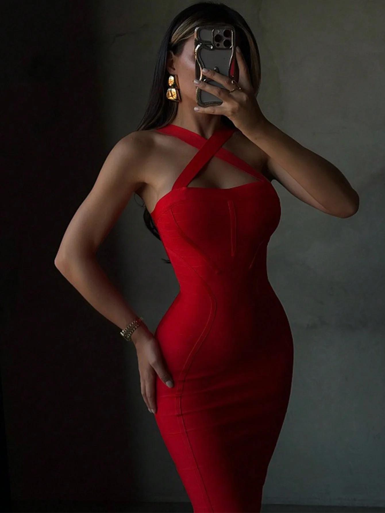 Sexy licou rouge côtelé Midi robe moulante pour les femmes robe de pansement élégante soirée Cocktai