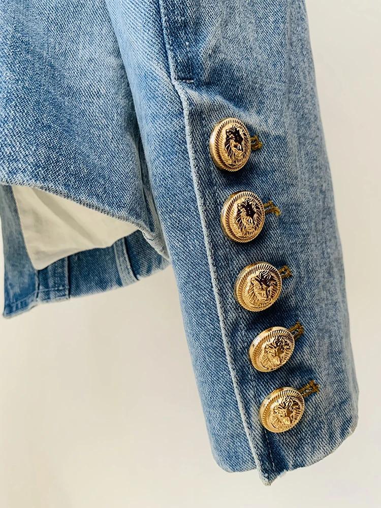 HIGH STREET Nouveauté 2026 Blazer en jean pour femme, coupe ajustée, croisé, avec boutons motif lion
