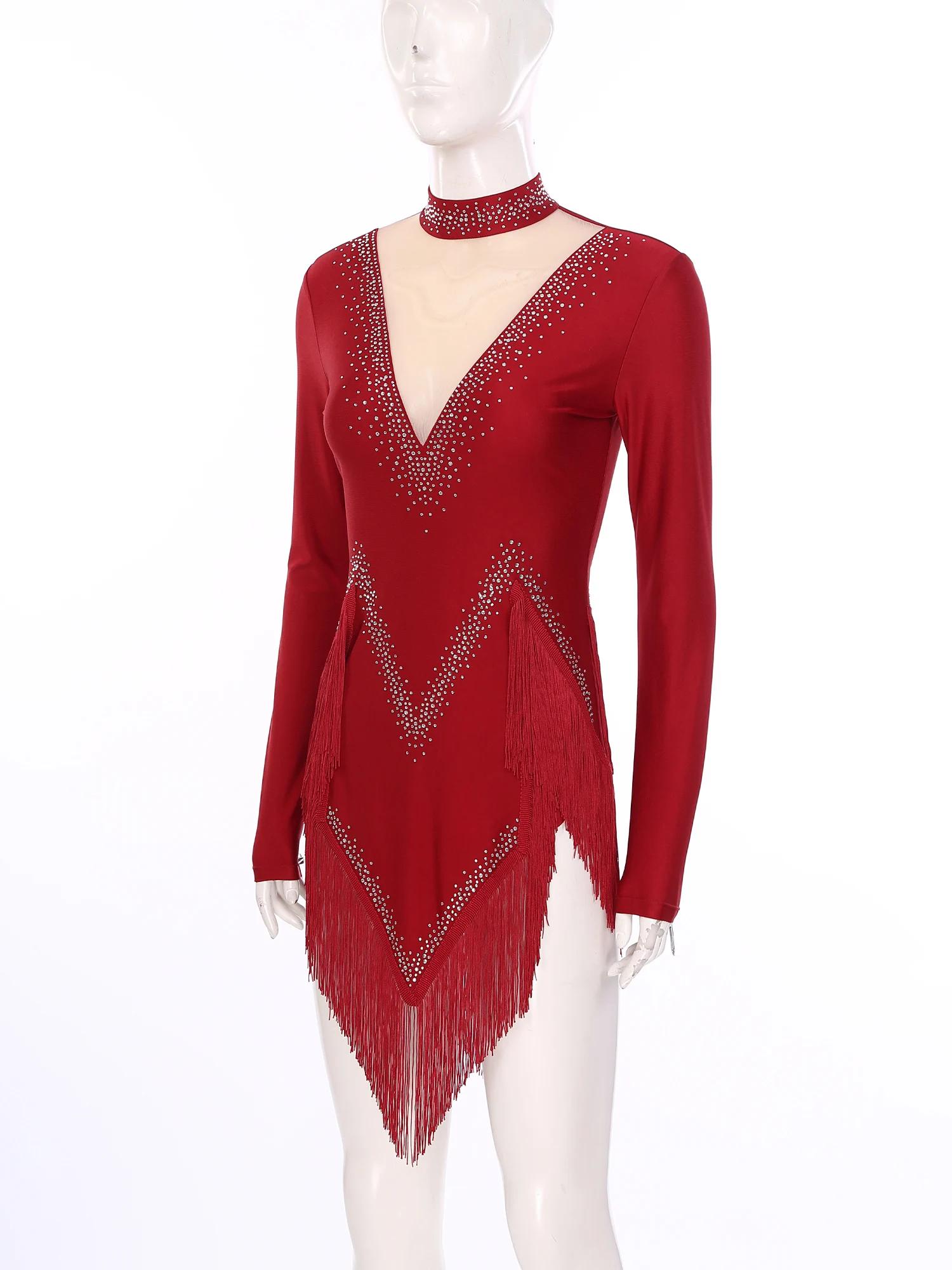 Body de danse latine à franges pour femmes, robe justaucorps à manches longues, vêtements de danse S