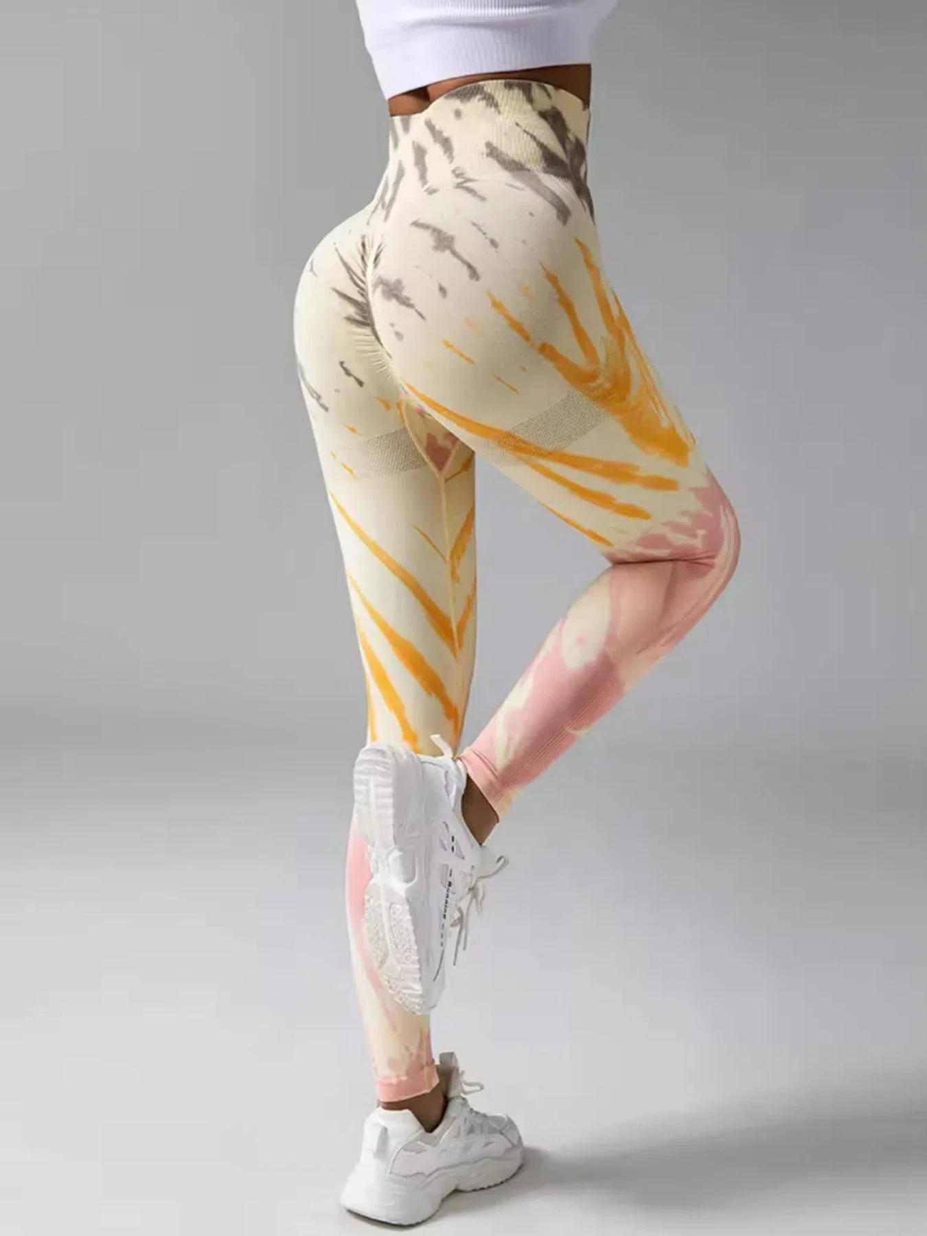 Leggings sport femme Fitness Yoga sans couture taille haute teinture nouage pêche respirant