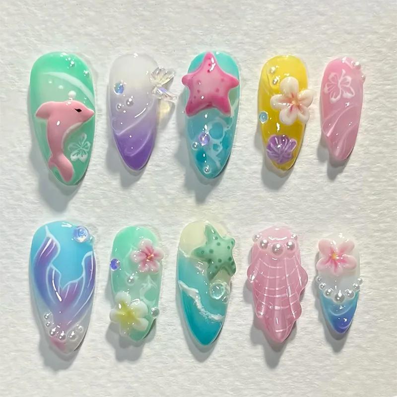 Faux ongles colorés d'été en amande, 24 pièces, avec fleurs 3D, peintures de plage, à pression, couv