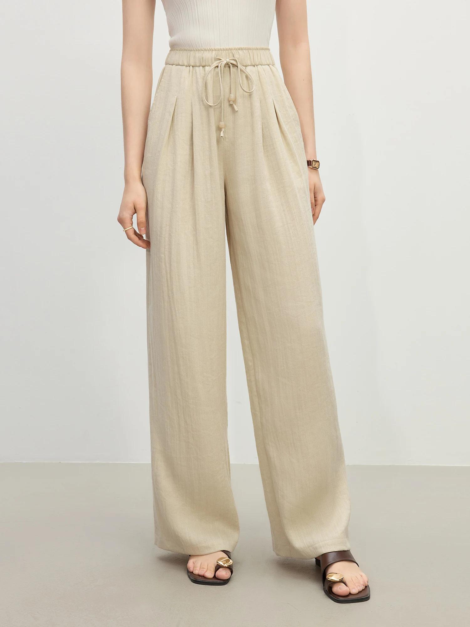 FSLE minimalisme Style lin droit élastique taille haute pantalons décontractés pour les femmes été 2