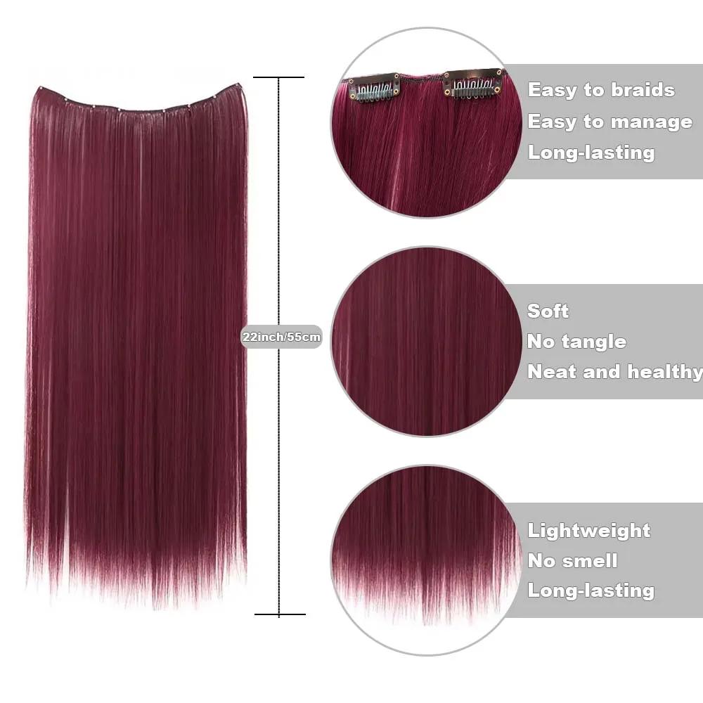 Extensions de cheveux synthétiques colorées longues et droites de 22 pouces, clips invisibles, résis