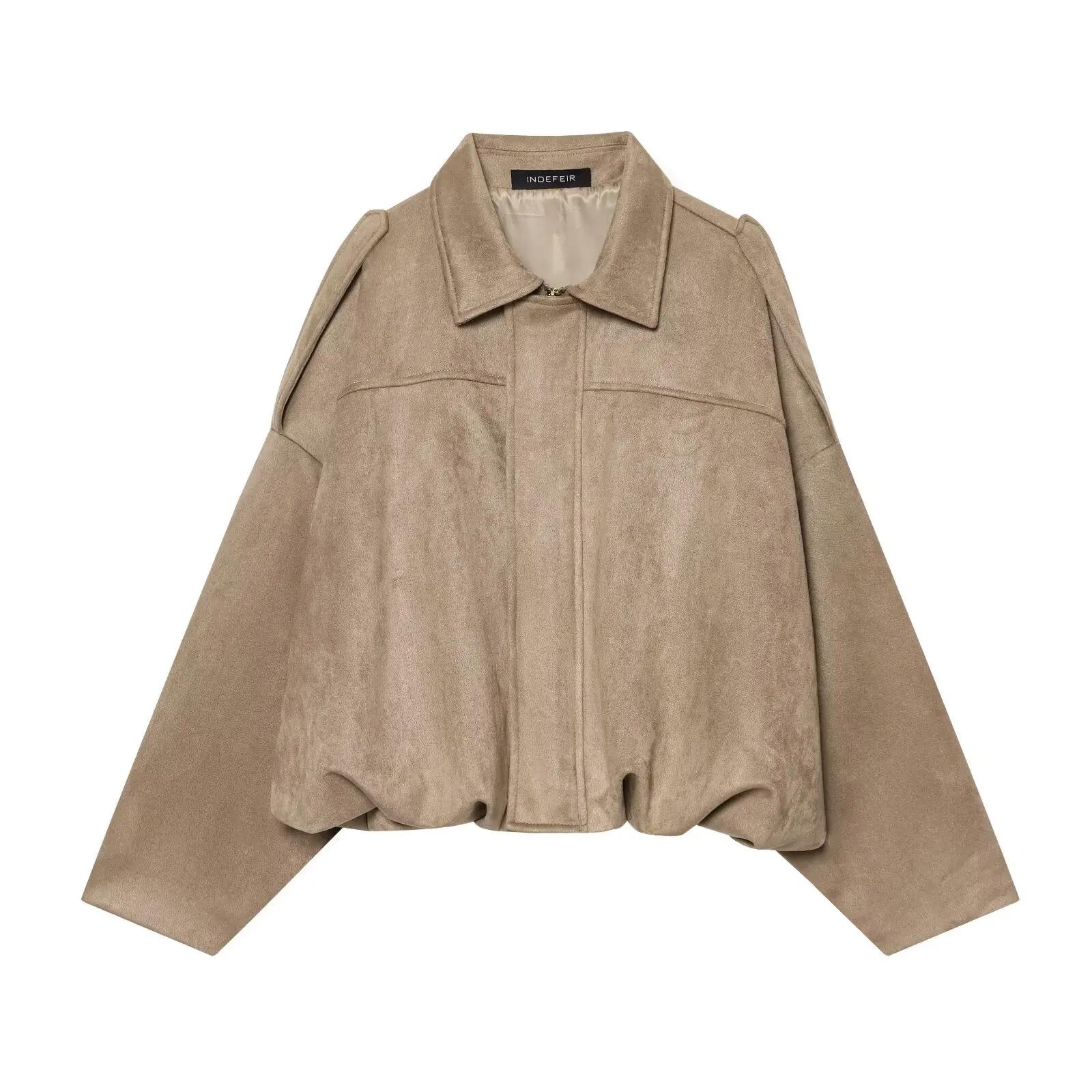 Veste en daim kaki pour femme, ample, décontractée, col rabattu, fermeture éclair, manteau épais, vê