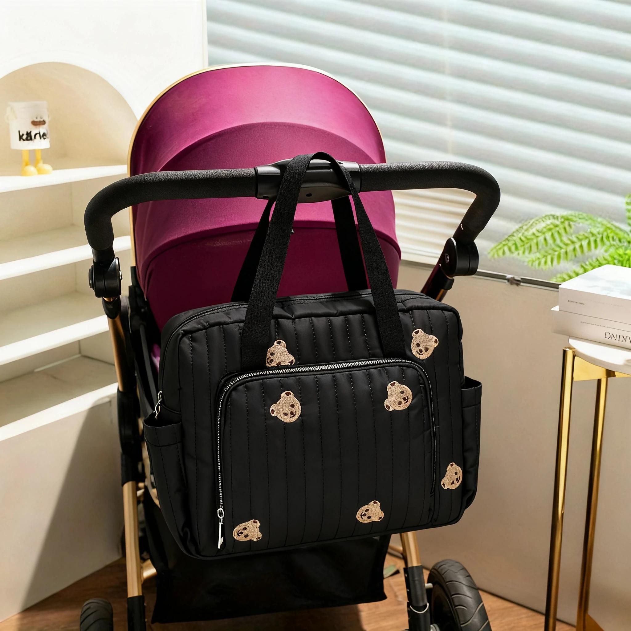 Sac de rangement suspendu universel pour poussette, grande capacité, joli sac à couches brodé et fou