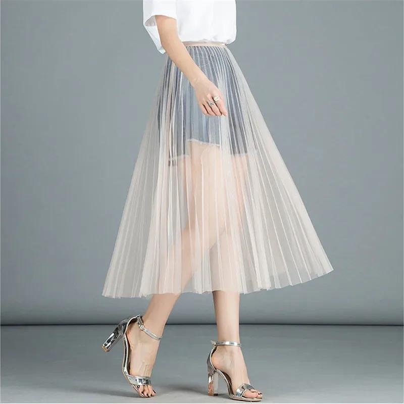 Femmes Sexy maille dentelle Transparent longue Tulle jupe mode coréenne été dames élastique taille h