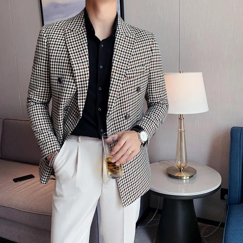 Blazer pied-de-poule de Style britannique pour hommes, coupe cintrée, à la mode, Double boutonnage,