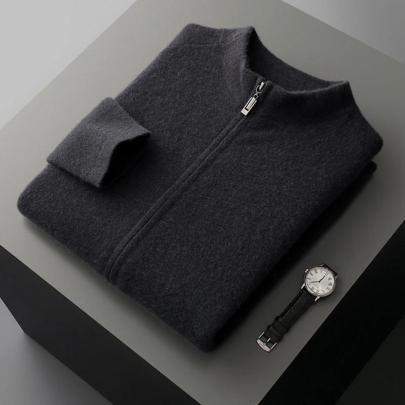Cardigan en cachemire pur pour hommes, col mi-haut, fermeture éclair, pull décontracté, tempérament,