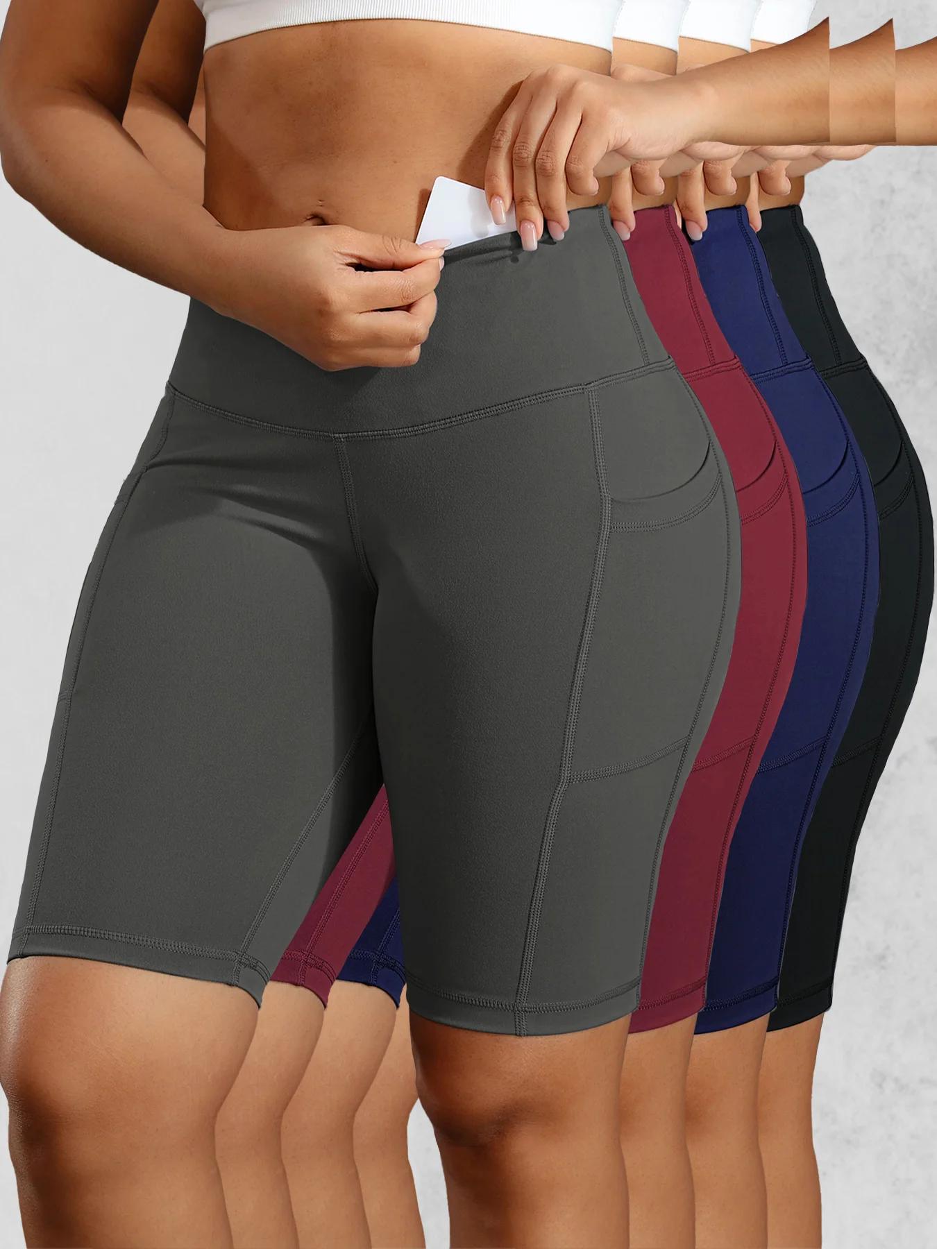 CHRLEISURE – short de Yoga solide pour femmes, avec 3 poches, taille haute, collants d'entraînement,