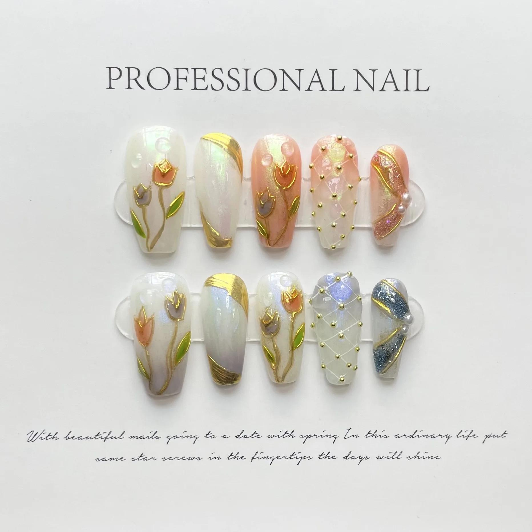 10 pièces 3D fleur verte à la main presse sur ongles français faux ongles portable ongles à coller f