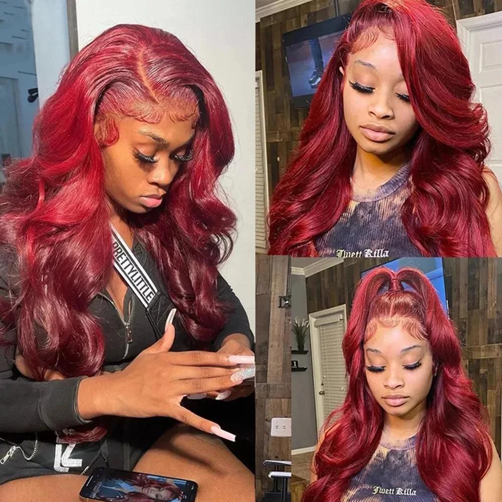 99J bordeaux dentelle avant perruque de cheveux humains vague de corps rouge couleur perruques brési
