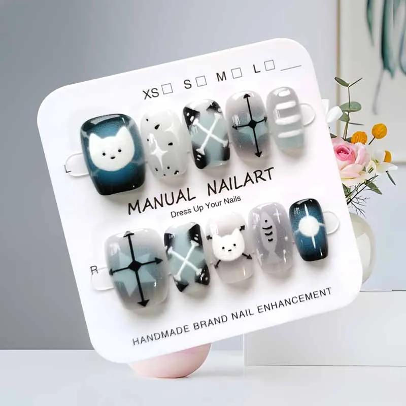 10 pièces dessin animé mignon chat noir bleu gris géométrie à la main presse sur les ongles tête car