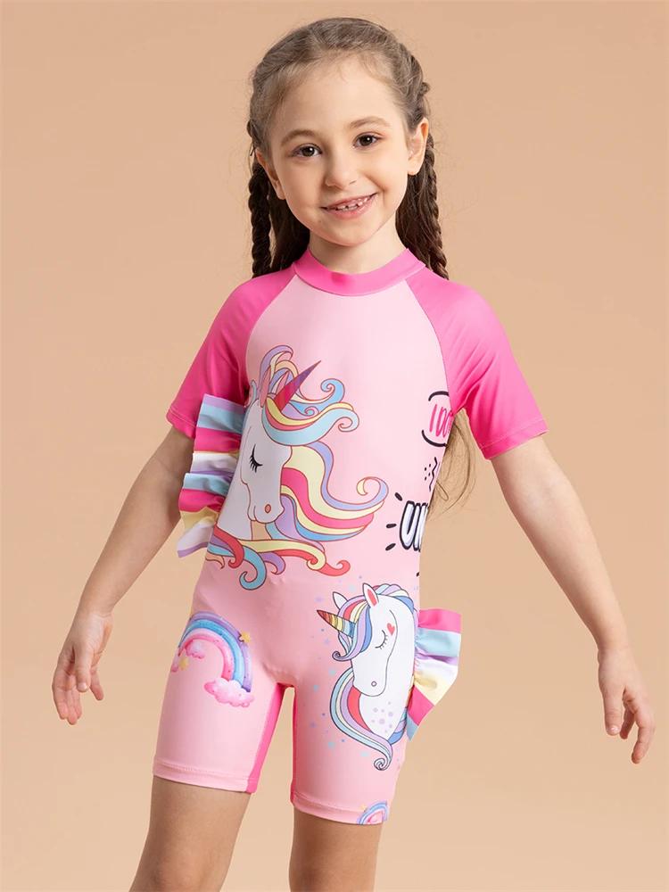 Filles enfants maillot de bain 2026 nouveau arc-en-ciel cheval siamois manches courtes maillots de b