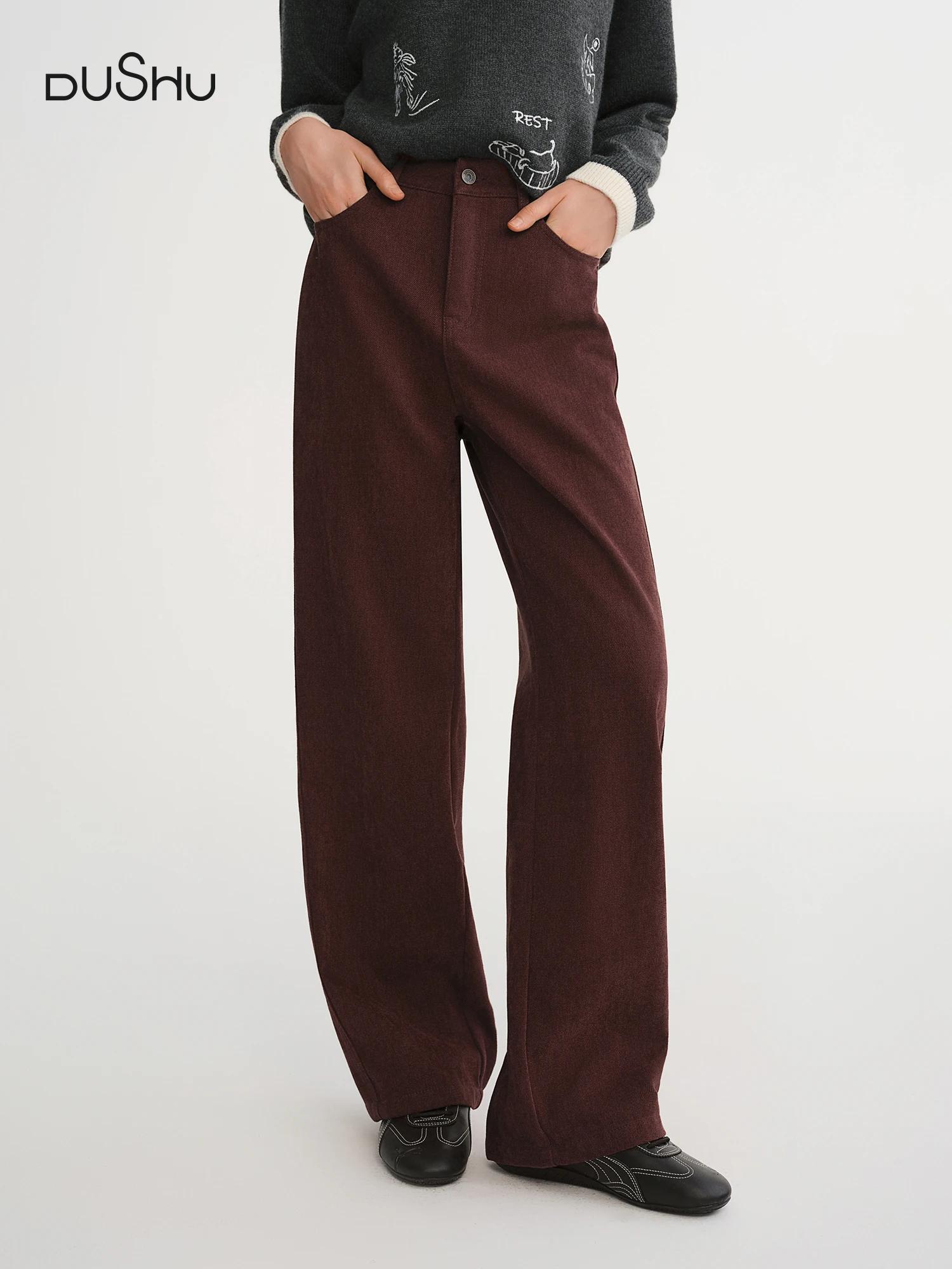 DUSHU 2025 Pantalon droit taille haute à jambes larges pour femme - Pantalon décontracté de bureau a