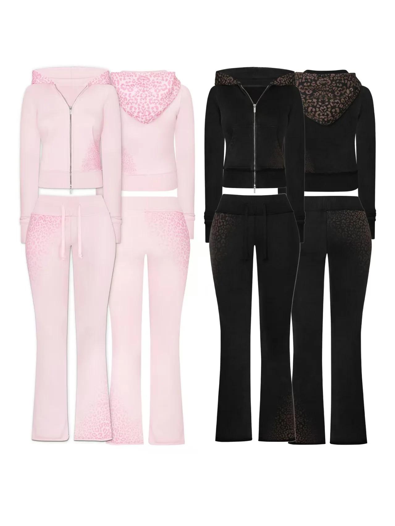 Ensemble deux pièces Y2K imprimé léopard en maille pour femme – Tenue décontractée de sport, yoga, s