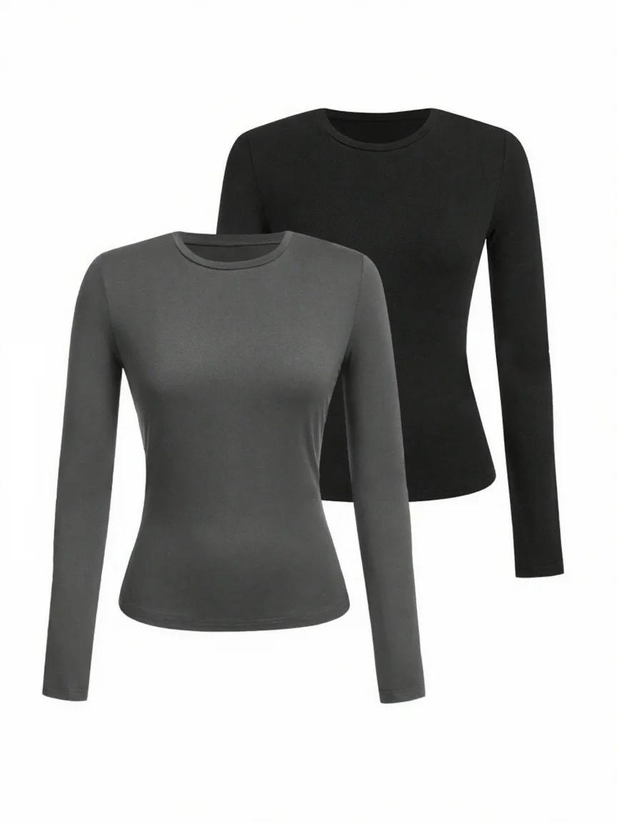 T-shirt femme manches longues couleur unie - Tissu tricoté polyester, col rond, coupe régulière, sty