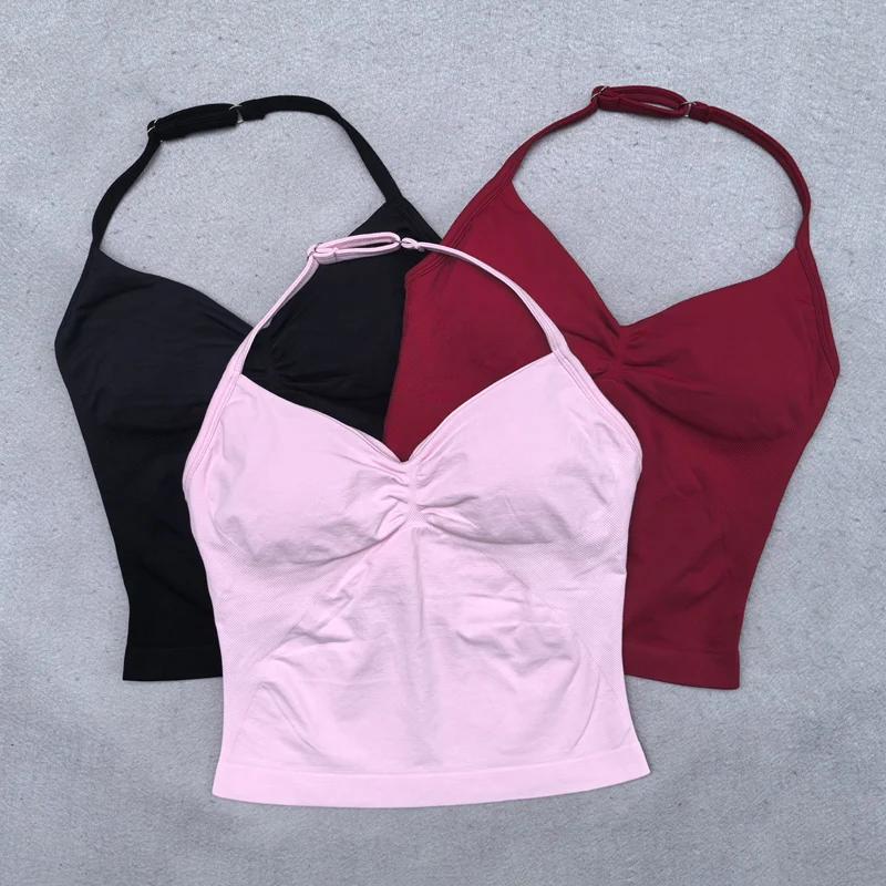 Ensemble de Yoga sans couture pour femmes, 2 pièces, débardeur rembourré, col licou, froissé, levage