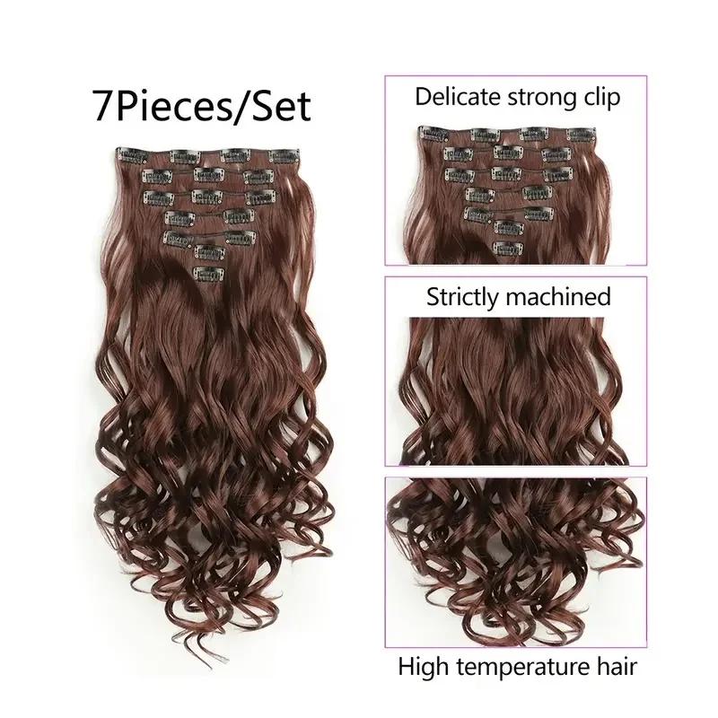 Extensions capillaires synthétiques à clips, 7 pièces, tête complète de 22 pouces, longues, bouclées