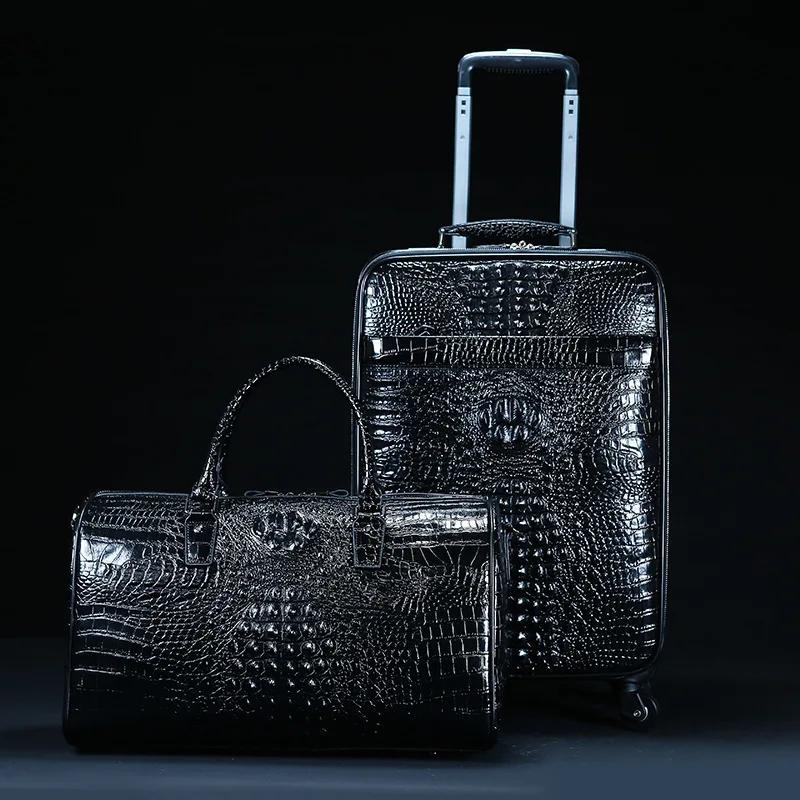 Valise de voyage en cuir véritable à motif crocodile pour homme, valise à roulettes, étui d'embarque