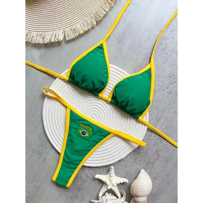Broderie drapeau du brésil contraste fendu Bikini ensemble femmes maillots de bain Patchwork maillot