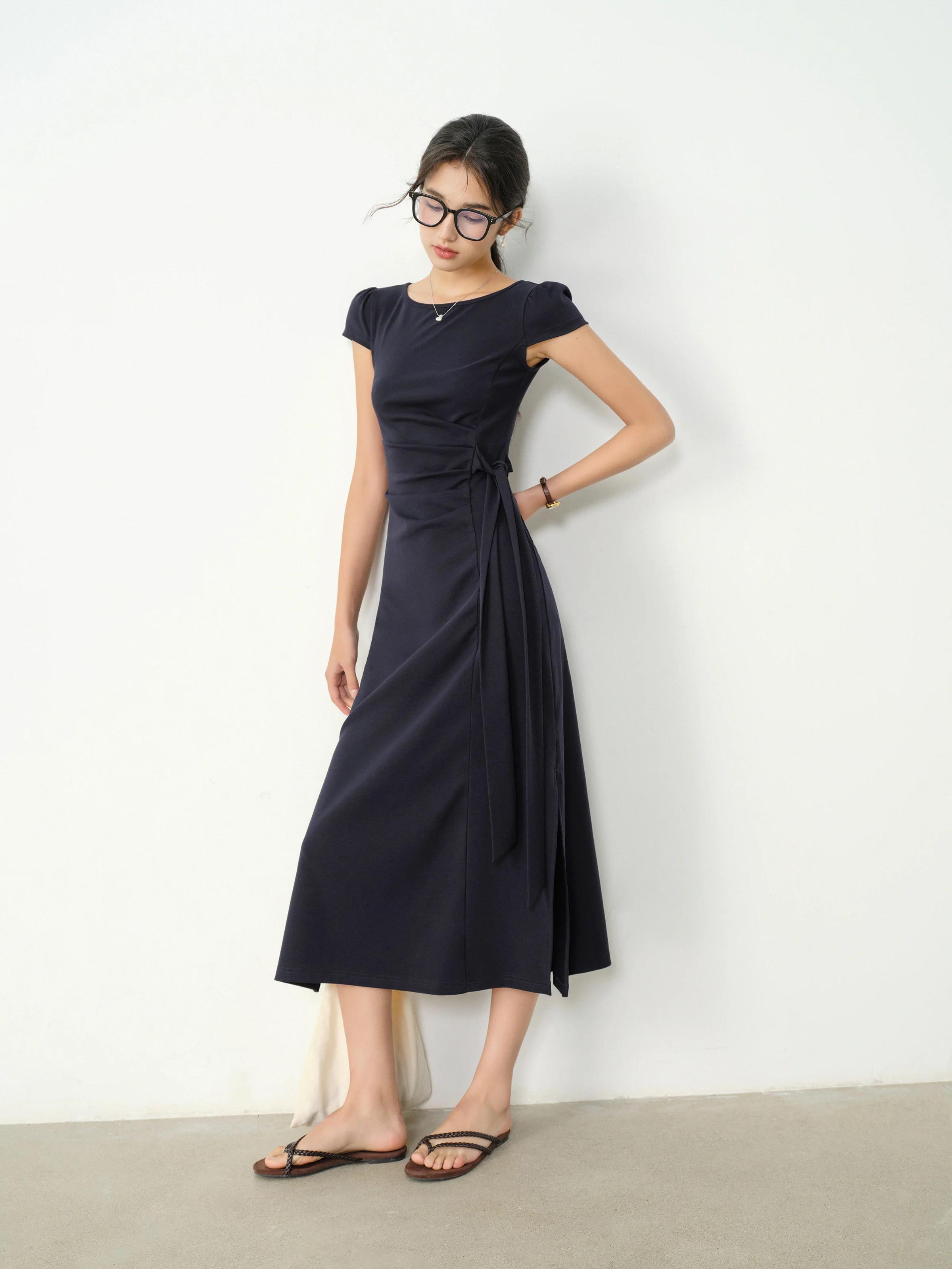Robe mi-longue française élégante, Vintage, col carré, manches longues, coupe cintrée, cravate à la